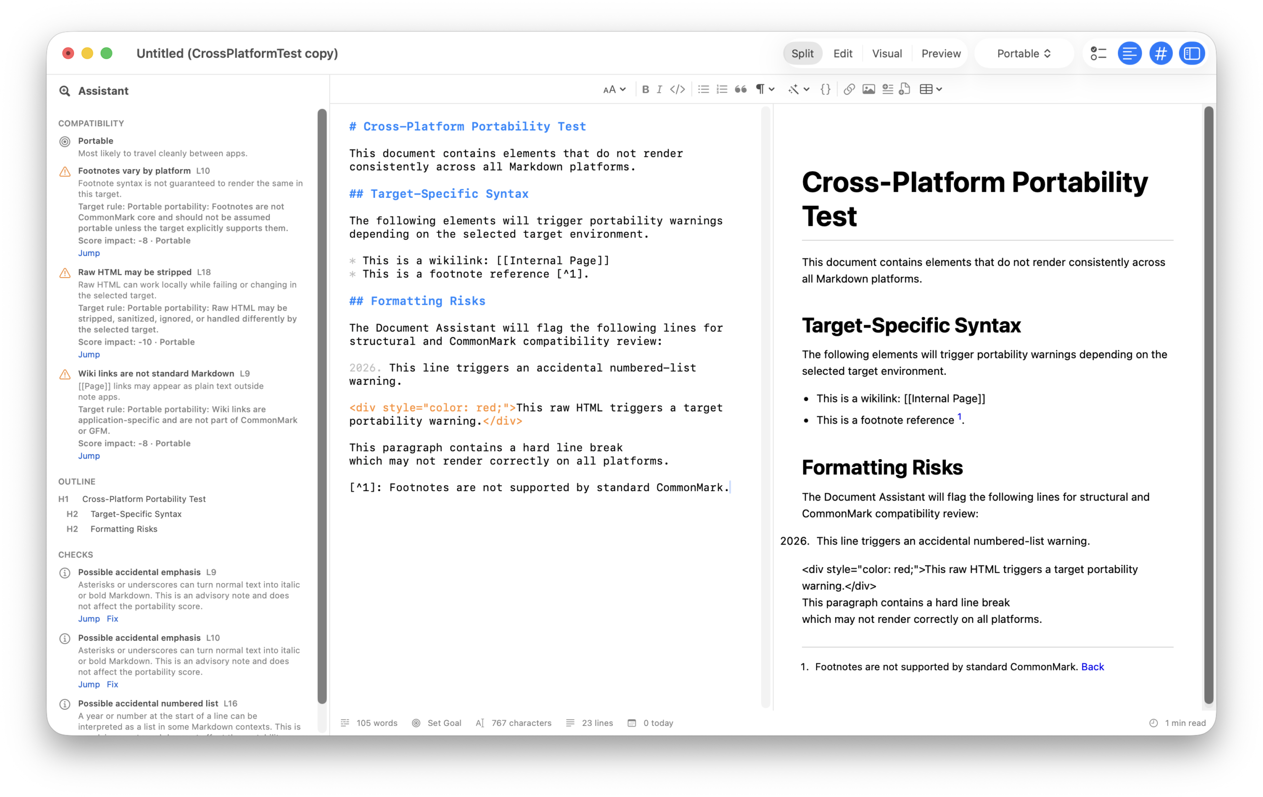 Nicostrata Visual Markdown editor showing Visual Blocks mode with Document Assistant