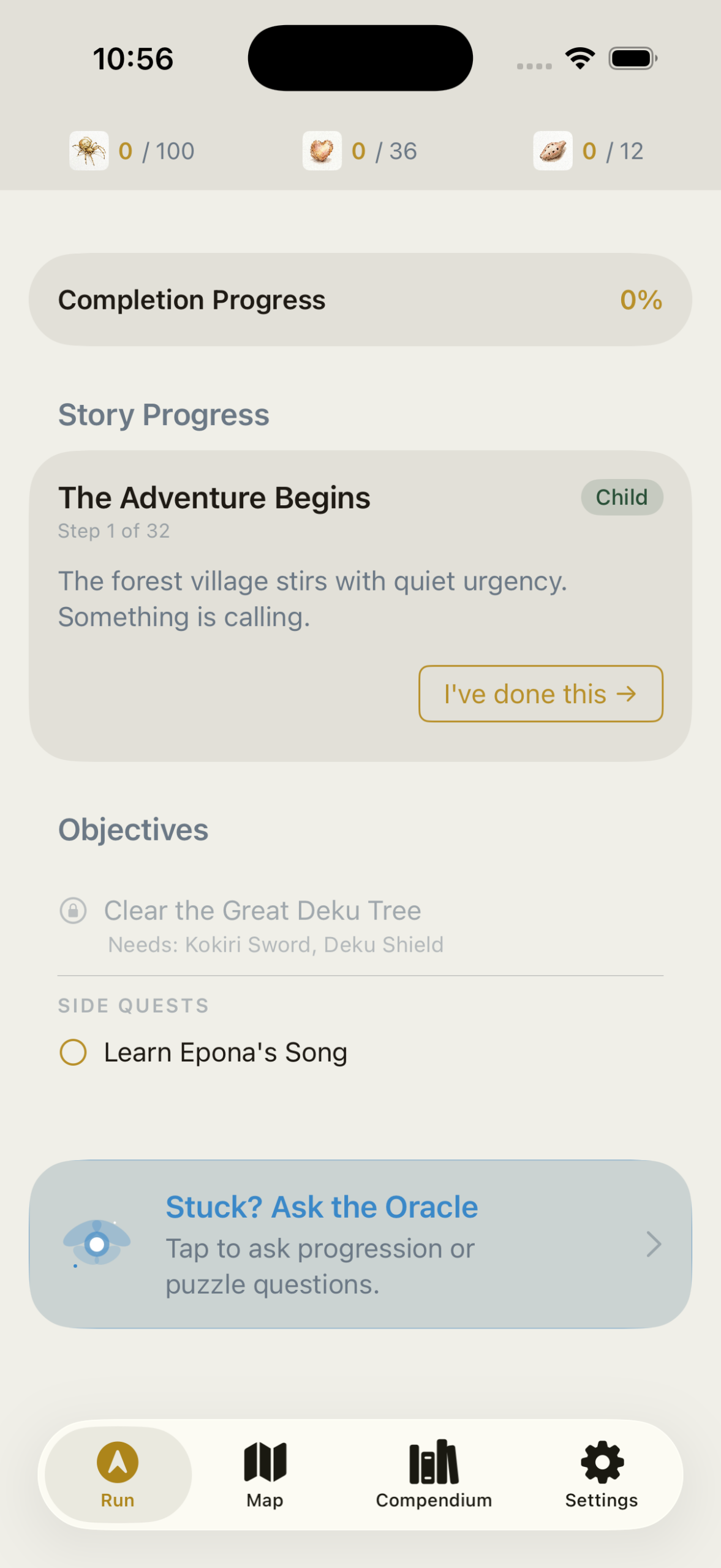 OoT Tracker, Run tab showing story progression